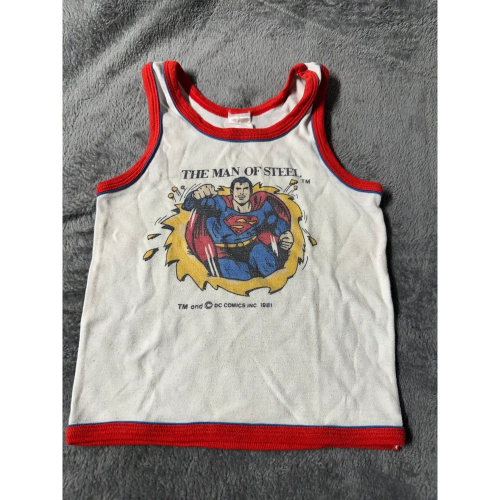 Vintage DC Comics Superman Tank Top Kids XS Toddler 1981 Man of Steel Ringer